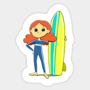 girl dressed in a swimming suit with a surfboard on the water Sticker